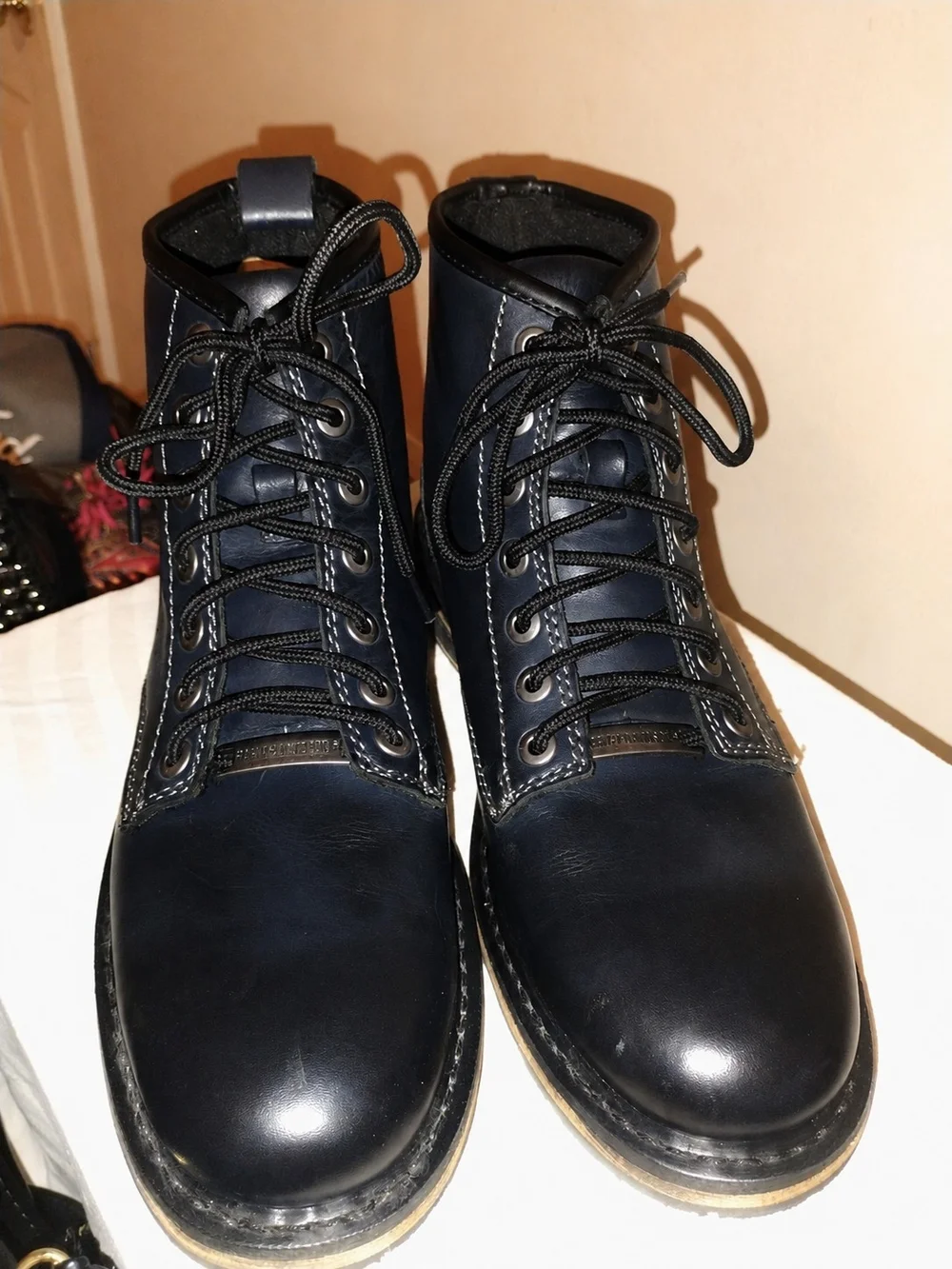 Harley-Davidson Black Leather Lace-Up Ankle Boots with Brown-Trim Sole